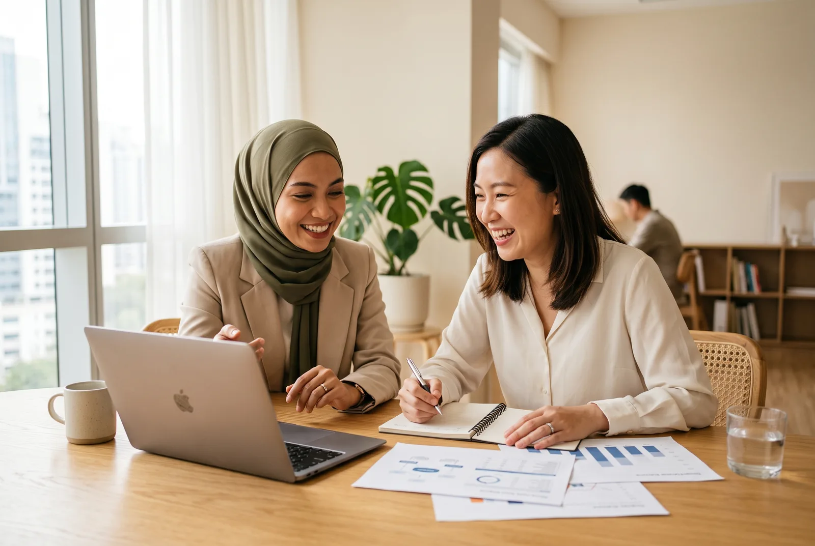 Consultants collaborating over charts in a KL office